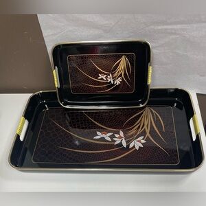 Black and Gold Floral Serving Trays 2Pcs Lacquer Ware Tray Set